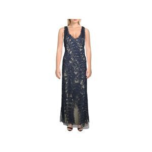 JS COLLECTION Womens Navy Zippered Soutache Embroidered Two Tone Shift Dress 2